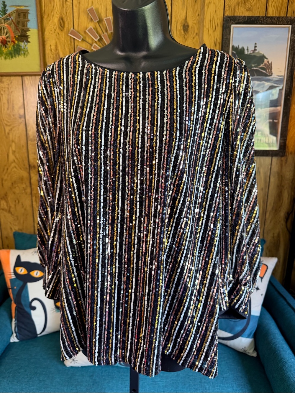 Cable & Gauge Black Sequin Stripe Long Sleeve Top